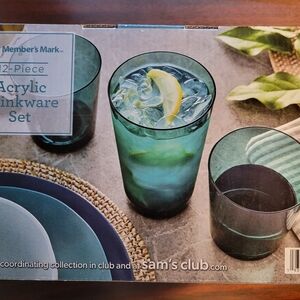 NIB Member's Mark Acrylic Drinkware Set, BPA Free, Teal (12 piece)